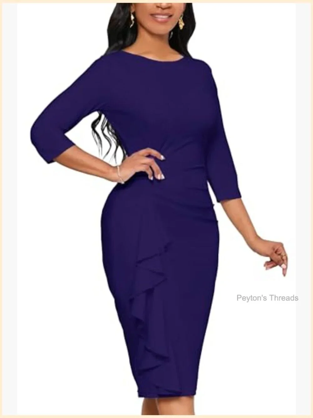 3/4 Sleeve Ruffle Bodycon Pencil Midi Dress for Work Church